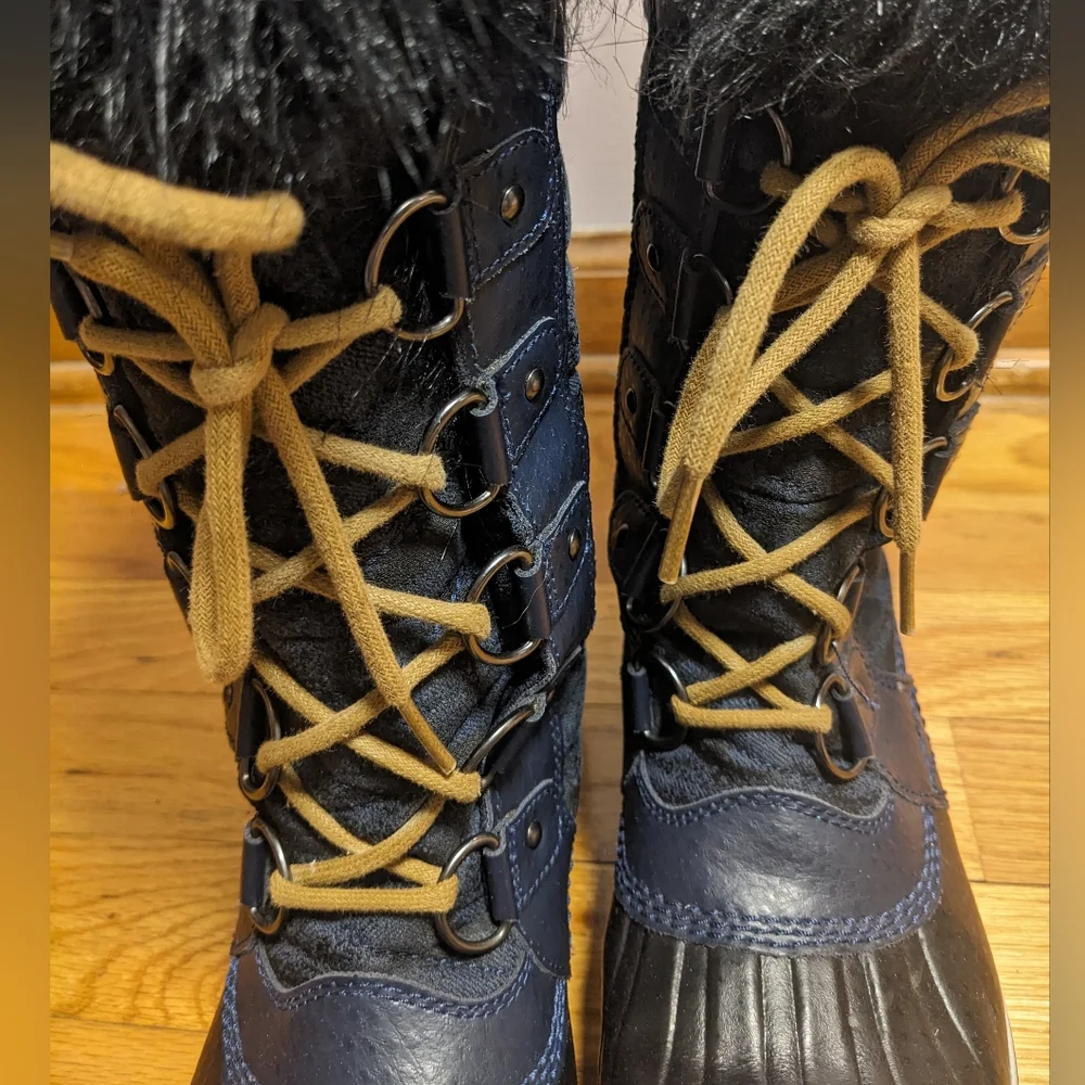 SOREL Tofino II Fleece Lined Waterproof Snow Boots Blue Black Camo Faux Fur 7.5